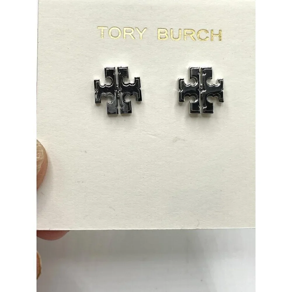 NWT Tory Burch Iconic Small T Logo Stud Pierced Earrings Silver Tone 3/8